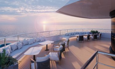 Luxurious yacht deck with ocean sunset, modern seating, panoramic sea views, perfect for relaxing or events.