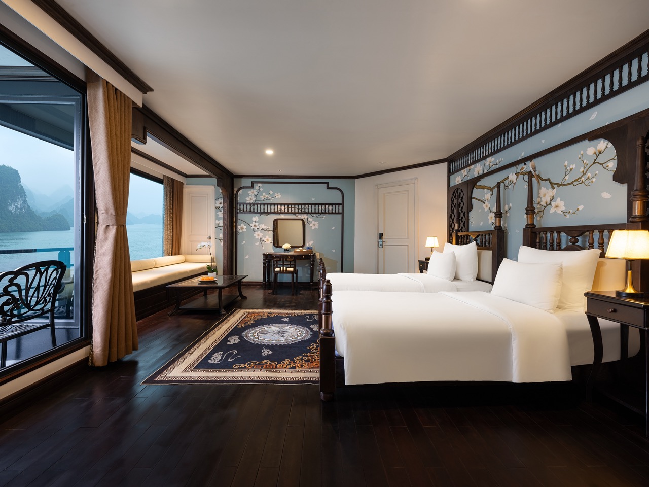 Elegant cruise balcony room overlooking Lan Ha Bay, perfect for a relaxing getaway.