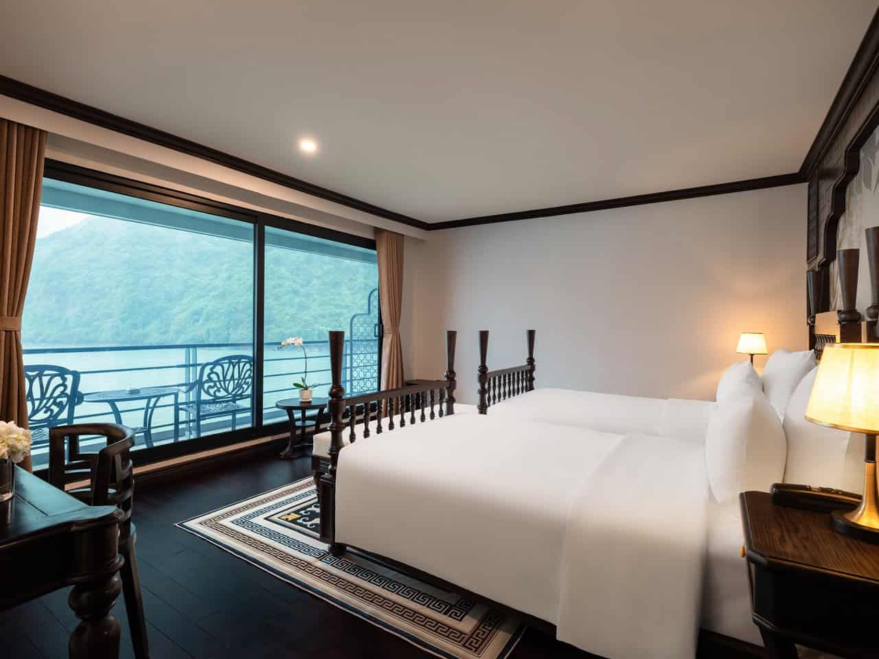 Stunning Lan Ha Bay view from a luxurious cruise balcony, perfect for a relaxing getaway in Vietnam.