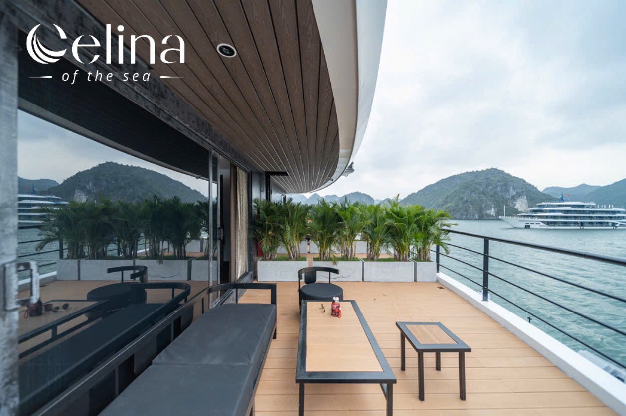 Luxurious yacht deck with black cushioned seating, wooden coffee tables, and potted palms, overlooking calm sea and distant hills.