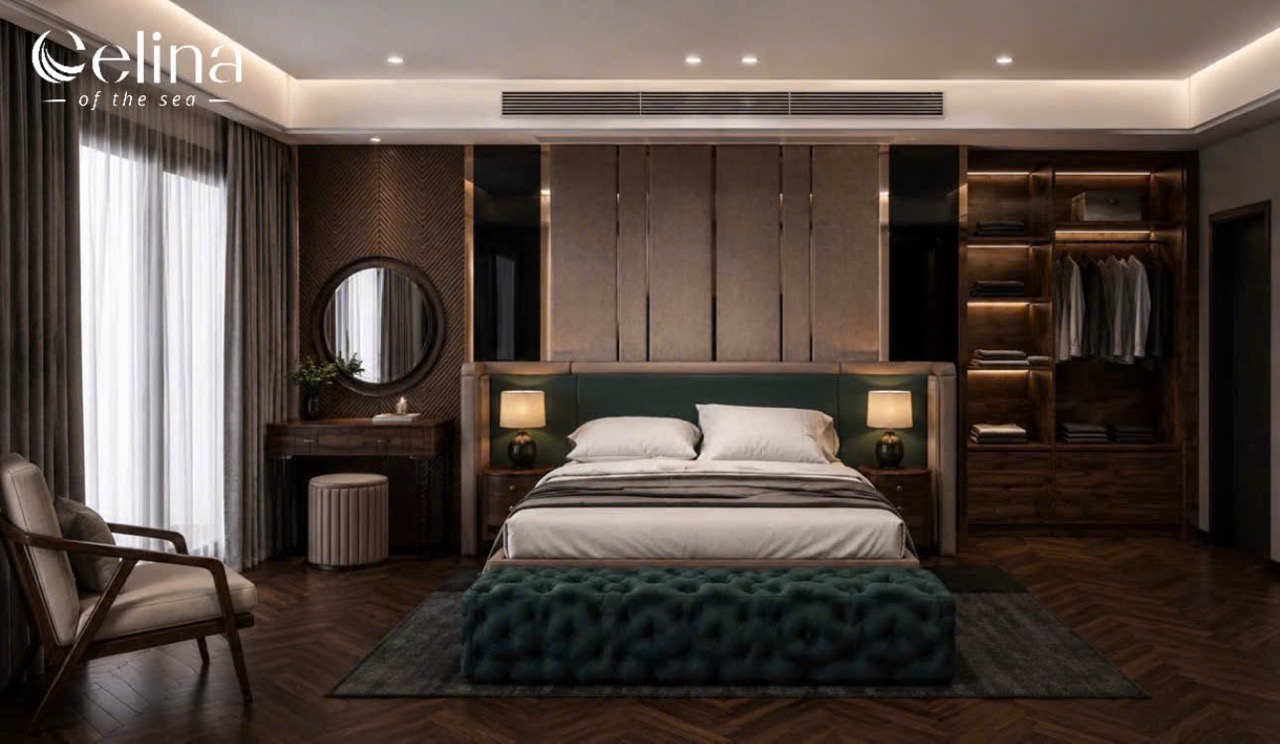 Luxurious modern bedroom with a king bed, green headboard, matching nightstands, and a walk-in wardrobe with warm lighting on the right.