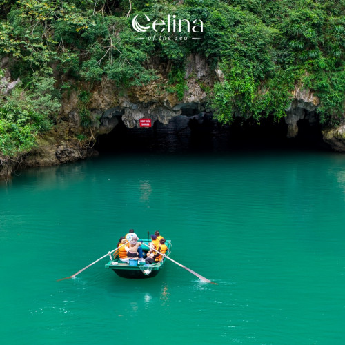 Boat with passengers in orange life jackets approaching a dark sea cave along turquoise water; lush green cliffs surround the scene; Celina of the sea logo visible above.