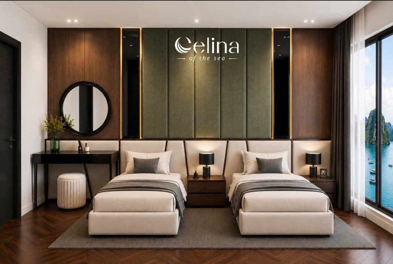 Luxurious hotel room with two twin beds, dark wood panels, green padded headboard wall, bedside lamps, and a large window showing a sea view. The wall features the 'Celina of the Sea' logo above the headboard.