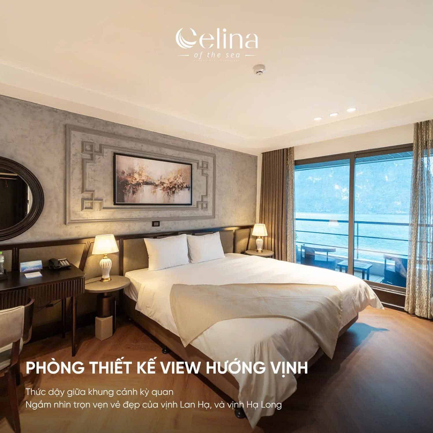 Luxurious hotel room with a king bed, bedside lamps, and a large window overlooking the sea.