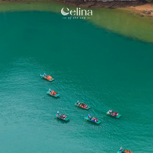 Aerial view of multiple small rowboats with passengers in turquoise water near a rocky shoreline, with a Celina logo at the top.