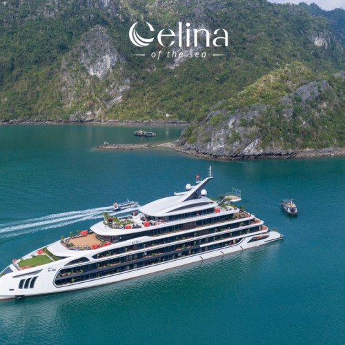 Large white luxury yacht cruising through turquoise water near green, rocky islands; Celina of the Sea logo above.