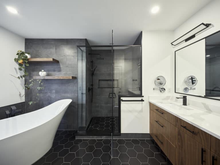 Ottawa bathroom renovation with tiled shower and freestanding tub