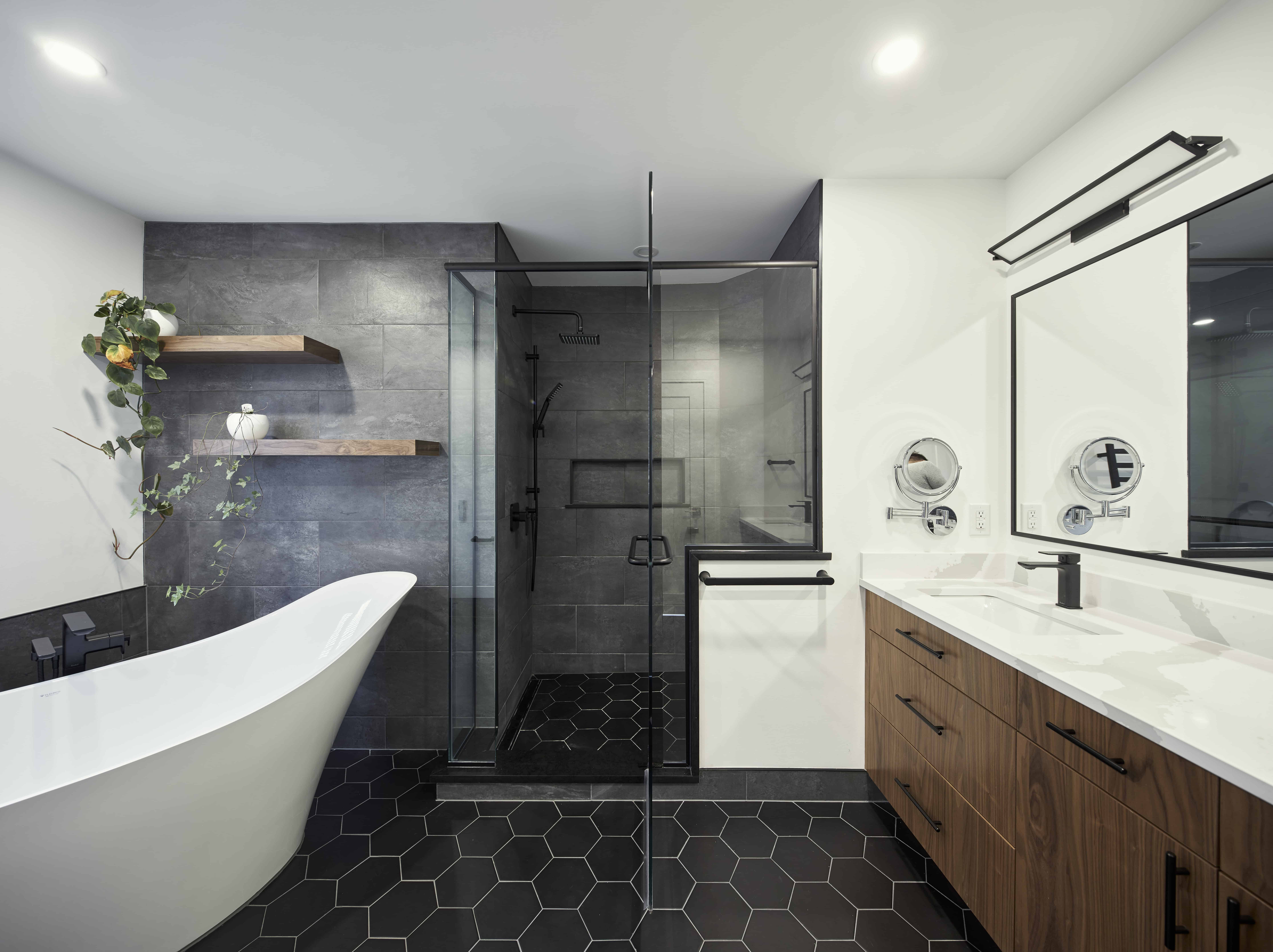 Ottawa bathroom renovation with tiled shower and freestanding tub