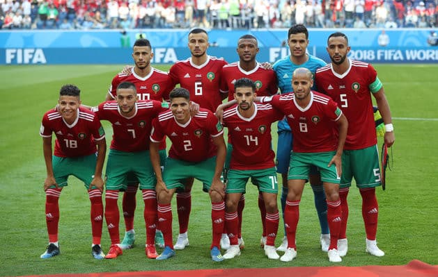 SAINT PETERSBURG, RUSSIA - JUNE 15: Morocco team pose for a team photograph with one player missing during the 2018 FIFA World Cup Russia group B match between Morocco and Iran at Saint Petersburg Stadium on June 15, 2018 in Saint Petersburg, Russia. (Photo by Ian MacNicol/Getty Images)