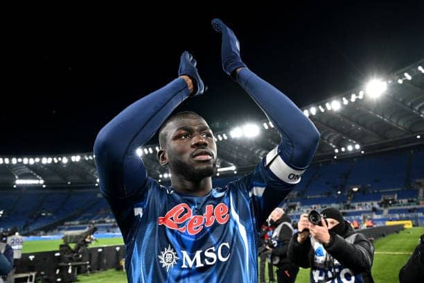 OLIMPICO STADIUM, ROMA, ITALY - 2022/02/27: Kalidou Koulibaly of SSC Napoli celebrates at the end of the Serie A football match between SS Lazio and SSC Napoli. Napoli won 2-1 over Lazio. (Photo by Andrea Staccioli/Insidefoto/LightRocket via Getty Images)