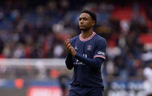 PARIS, FRANCE - MARCH 13: Abdou Diallo of Paris Saint-Germain   during the Ligue 1 Uber Eats match between Paris Saint-Germain and Girondins de Bordeaux at Parc des Princes on March 13, 2022 in Paris, France. (Photo by Tnani Badreddine/DeFodi Images via Getty Images)