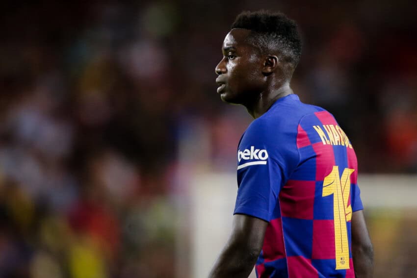 BARCELONA, SPAIN - AUGUST 4: Moussa Wague of FC Barcelona during the Club Friendly   match between FC Barcelona v Arsenal at the Camp Nou on August 4, 2019 in Barcelona Spain (Photo by Erwin Spek/Soccrates/Getty Images)
