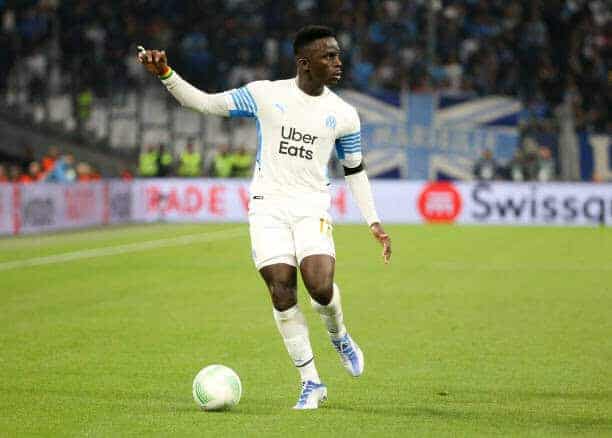 MARSEILLE, FRANCE - MAY 5: Bamba Dieng of Marseille during the UEFA Europa Conference League Semi Final Leg Two match between Olympique Marseille (OM) and Feyenoord Rotterdam at Stade Velodrome on May 5, 2022 in Marseille, France. (Photo by John Berry/Getty Images)