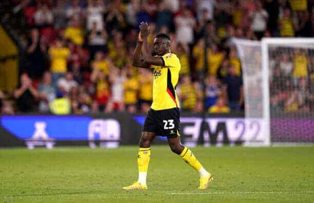 Watford's Ismaila Sarr applauds the fans after being substituted off during the Sky Bet Championship match at Vicarage Road, Watford. Picture date: Friday August 12, 2022. (Photo by John Walton/PA Images via Getty Images)