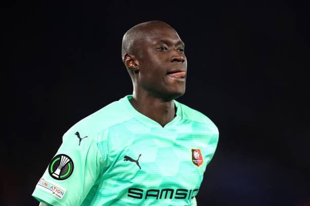 LEICESTER, ENGLAND - MARCH 10: Alfred Gomis of Stade Rennes during the UEFA Conference League Round of 16 Leg One match between Leicester City and Stade Rennes at  on March 10, 2022 in Leicester, England. (Photo by Alex Pantling/Getty Images)