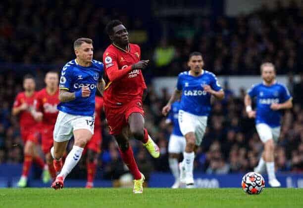 Everton's Lucas Digne (left) and Watford's Ismaila Sarr battle for the ball during the Premier League match at Goodison Park, Liverpool. Picture date: Saturday October 23, 2021. (Photo by Martin Rickett/PA Images via Getty Images)