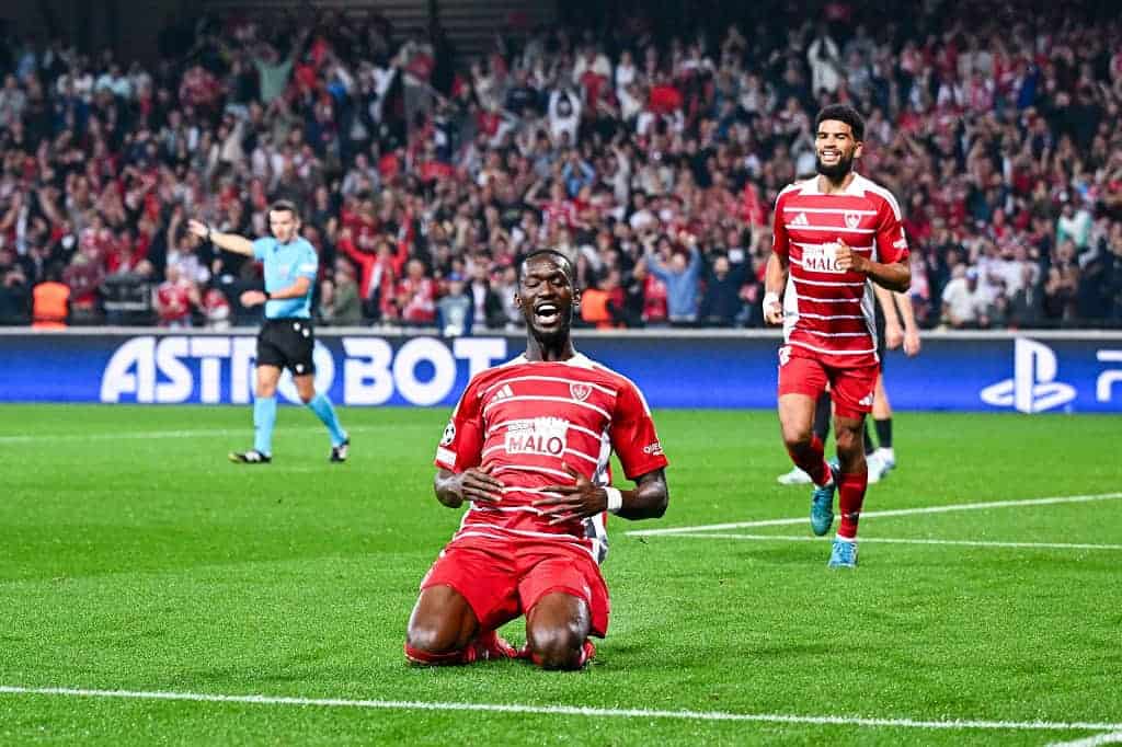 Abdallah SIMA of Brest celebrates his goal during the UEFA Champions League match between Brest and Sturm Graz at Stade du Roudourou on September 19, 2024 in Guingamp, France. (Photo by Baptiste Fernandez/Icon Sport)   - Photo by Icon Sport