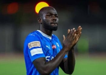 AL QASSIM , SAUDI ARABIA - MAY 3: Kalidou Koulibaly
 of Al Hilal celebrates after winning the Saudi Pro League match between Al-Taawoun and Al-Hilal at King Abdullah Bin Abdulaziz Sports City on May 3, 2024 in Al Qassim, Saudi Arabia.(Photo by Yasser Bakhsh/Getty Images)