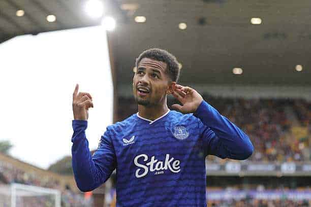 WOLVERHAMPTON, ENGLAND - AUGUST 30: Iliman Ndiaye of Everton celebrates after scoring their 2nd goal during the Premier League match between Wolverhampton Wanderers and Everton at Molineux on August 30, 2025 in Wolverhampton, England. (Photo by Simon Stacpoole/Offside/Offside via Getty Images)