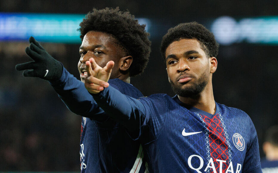 Ibrahim Mbaye and Quentin Ndjantou of Paris Saint-Germain celebrates goal during the Ligue 1 McDonald's match between Paris Saint-Germain FC and Stade Rennais FC at Parc des Princes on December 6, 2025 in Paris, France. (Photo by Tnani Badreddine/DeFodi Images)