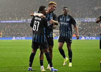 BRUGES, BELGIUM - JANUARY 28: Mamadou Diakhon (67) of Club Brugge celebrates with Raphael Onyedika (15) of Club Brugge and Joel Ordonez (4) of Club Brugge  after scoring the 1-0 goal during the UEFA Champions League 2025/26 League Phase MD8 match between Club Brugge KV and Olympique de Marseille at Jan Breydelstadion on January 28, 2026 in Bruges, Belgium. (Photo by Isosport/MB Media/Getty Images)