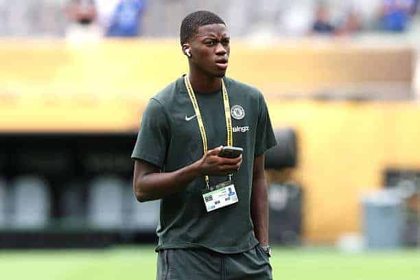 EAST RUTHERFORD, NEW JERSEY - JULY 13: Mamadou Sarr #19 of Chelsea FC inspects the pitch prior to the FIFA Club World Cup 2025 Final match between Chelsea FC and Paris Saint-Germain at MetLife Stadium on July 13, 2025 in East Rutherford, New Jersey. (Photo by Elsa - FIFA/FIFA via Getty Images)