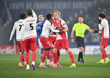 Denis ZAKARIA of Monaco , Julio ENCISO of RC Strasbourg , Lamine CAMARA of Monaco Mika BIERETH of AS Monaco during French Cup match between Strasbourg and Monaco at Stade de la Meinau on February 5, 2026 in Strasbourg, France. (Photo by Kevin Clement/Icon Sport via Getty Images)