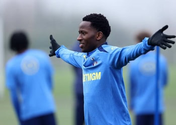 ENFIELD, ENGLAND - MARCH 09: Pape Matar Sarr of Tottenham Hotspur reacts during a training session ahead of the UEFA Champions League 2025/26 Round of 16 First Leg match between Atletico de Madrid and Tottenham Hotspur at Tottenham Hotspur Training Centre on March 09, 2026 in Enfield, England.  (Photo by Paul Harding/Getty Images)