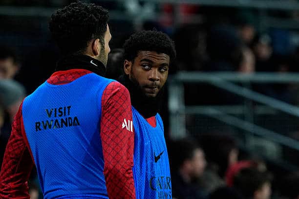RENNES, FRANCE - FEBRUARY 13 : Ibrahim Mbaye #49 of Paris Saint-Germain F.C. discusses with Goncalo Ramos #9 of Paris Saint-Germain F.C. during warm up during the Ligue 1 McDonald's regular season match between the Stade Rennais FC and the Paris Saint Germain (PSG) on February 13, 2026 in Roazhon Park, France. (Photo by Glenn Gervot - PSG / PSG via Getty Images)