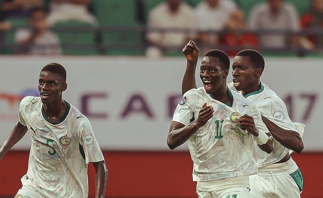 Célébration des lionceaux après le but de Mouhamed Wagne face au Maroc .CP:CAF