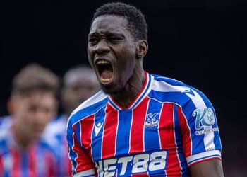 LONDON, ENGLAND - MAY 10: Ismaila Sarr of Crystal Palace celebrates after scoring his side's first goal during the Premier League match between Crystal Palace and Everton at Selhurst Park on May 10, 2026 in London, United Kingdom. (Photo by Sebastian Frej/Getty Images)