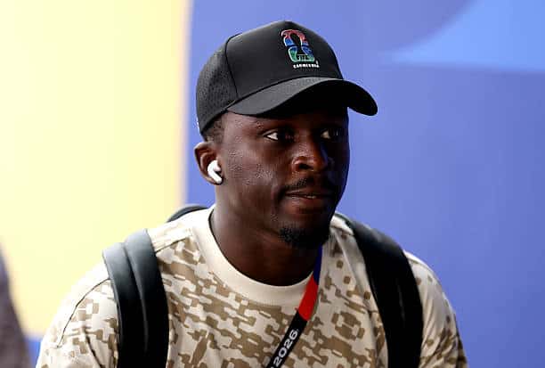 EAST RUTHERFORD, NEW JERSEY - JUNE 22: Bamba Dieng #9 of Senegal arrives before the FIFA World Cup 2026 Group I match between Norway and Senegal at New York New Jersey Stadium on June 22, 2026 in East Rutherford, New Jersey. (Photo by Patrick Smith - FIFA/FIFA via Getty Images)