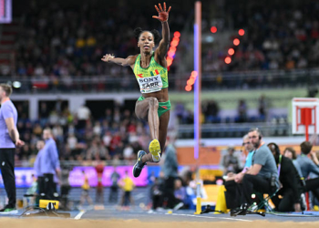 Senegal's Saly Sarr competes in the women's triple jump final during the World Athletics Indoor Championships Kujawy Pomorze 2026 in Torun, Poland on March 21, 2026. (Photo by Andrej ISAKOVIC / AFP via Getty Images)
