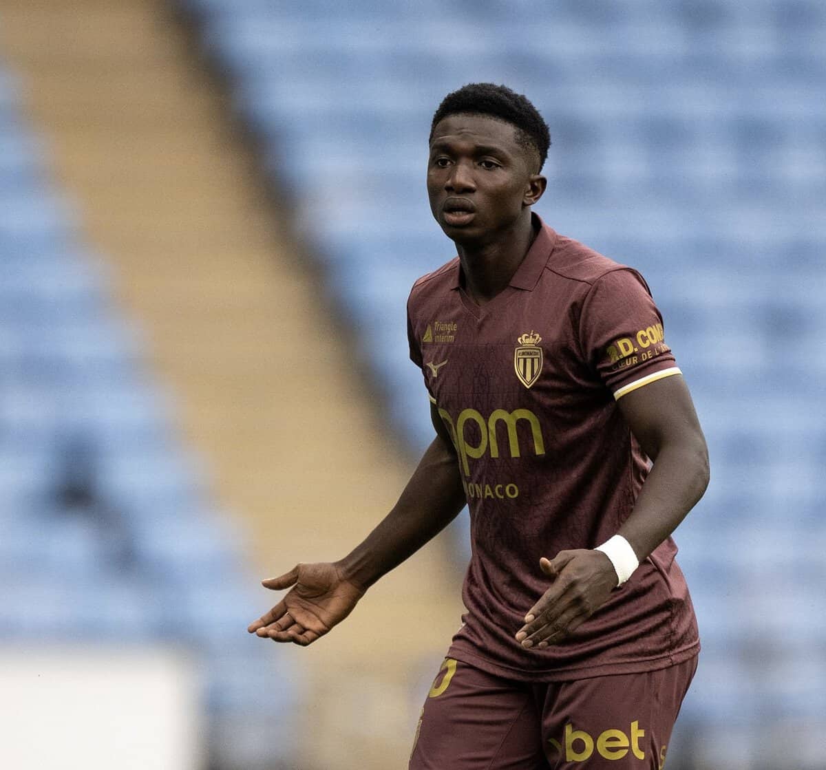 COVENTRY, ENGLAND - AUGUST 14: Lamine Camara of AS Monaco during the pre-season friendly match between Coventry City and AS Monaco at The Coventry Building Society Arena on August 14, 2026 in Coventry, England. (Photo by Sebastian Frej/Getty Images)