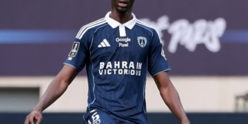 PARIS, FRANCE - MARCH 1: Moustapha Mbow of Paris FC during the Ligue 1 McDonald's football match between Paris FC (PFC) and OGC Nice (OGCN) at Stade Jean Bouin on March 1, 2026 in Paris, France. (Photo by Jean Catuffe/Getty Images)