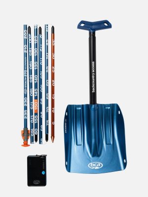A blue avalanche shovel accompanied by three probe poles and a small black avalanche transceiver.