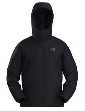 A sleek black insulated jacket with a hood, featuring a front zip closure and a modern design, suitable for cold weather.