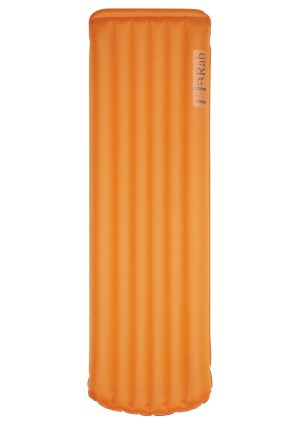An orange inflatable sleeping pad with vertical grooves, designed for camping or outdoor use.