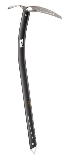 A sleek ice axe with a curved handle, featuring a sharp blade and a pointed end, designed for climbing icy terrains.