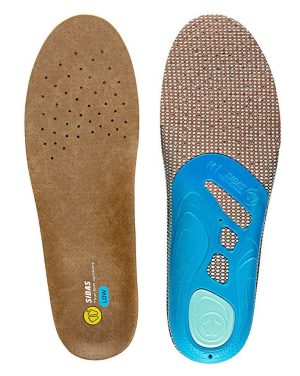 A pair of insoles, one with a brown surface and the other featuring a blue base and textured pattern for comfort.