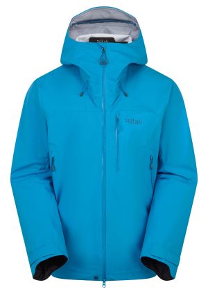 A bright blue waterproof jacket featuring a hood, zip front, and multiple pockets, designed for outdoor activities.