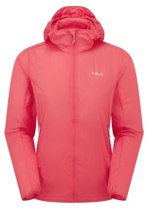 A lightweight, hooded jacket in vibrant coral color, showcasing a sleek design ideal for outdoor activities.