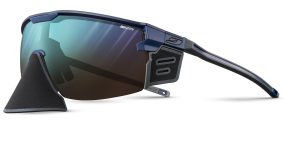A stylish pair of sports sunglasses featuring a large lens with a reflective gradient and a sleek black frame.