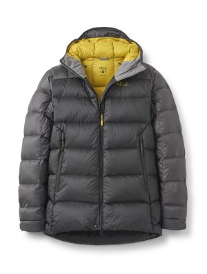 A stylish puffer jacket featuring a dark gray exterior and a contrasting bright yellow interior, designed for warmth and comfort.