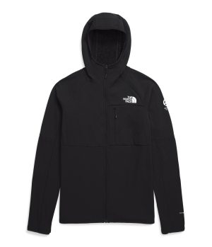 A black zip-up hoodie with a hood and logo on the chest and sleeve, designed for outdoor activities.
