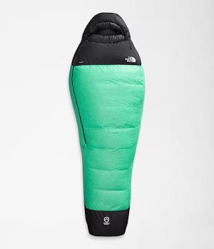A sleeping bag featuring a bright green body with a black top and bottom, designed for outdoor use.