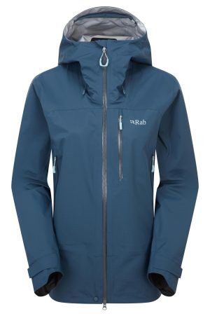 A blue outdoor jacket with a hood and waterproof features, designed for trekking or other adventurous activities.