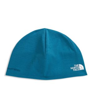 A blue beanie with a simple design and the logo of The North Face printed in white.