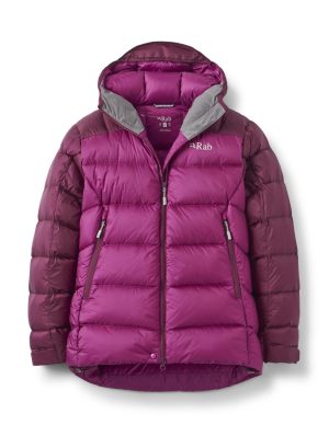 A purple puffer jacket with a gray hood, featuring a zip closure and two front pockets.