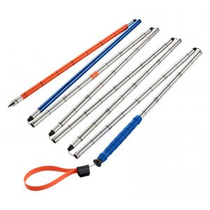 A set of collapsible poles in various colors, primarily metallic with blue and orange accents, suitable for outdoor activities.
